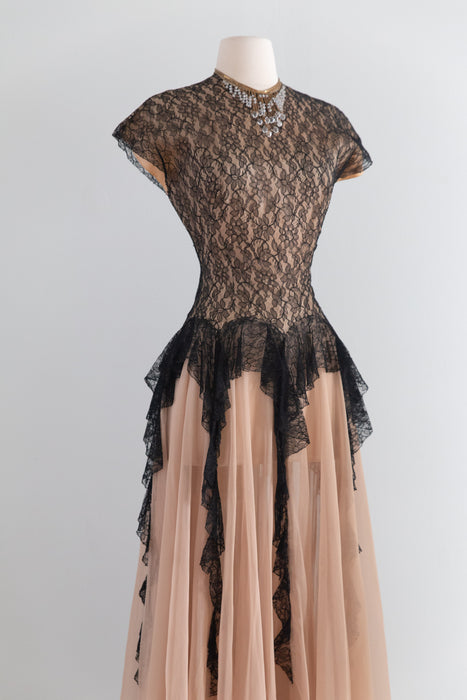 Fabulous Late 1940’s Peggy Hunt Original Illusion Lace  Evening Dress / Sm
