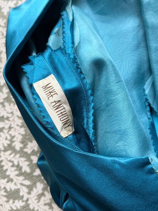 Exquisite 1950's Cerulean Blue Silk Satin Demi Couture Cocktail Dress By Mike Anthony / M