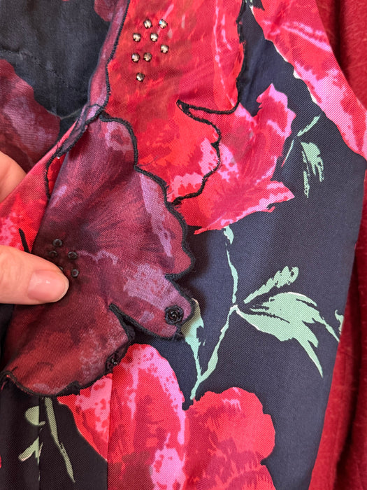 Stunning 1950's Philip Hulitar Poppy Print Cocktail Dress With Floral Appliques / SM