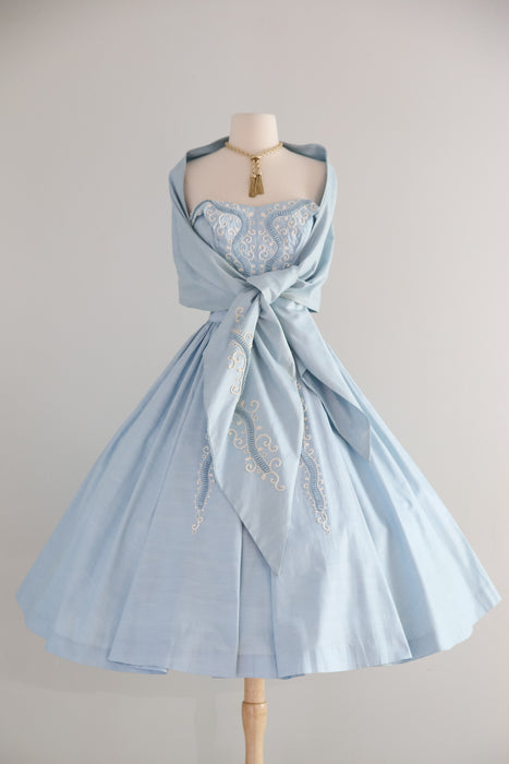 Stunning 1950s Carlye Ice-Blue Embroidered Party Dress with Shawl / S