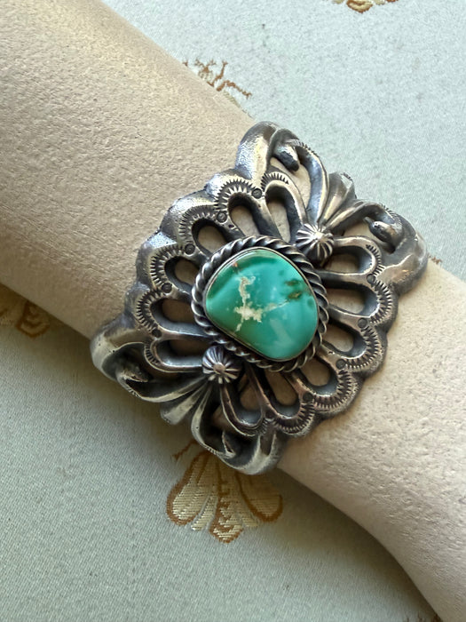 Iconic R.S. Mitchell Navajo Sterling Statement Cuff With Green Turquoise Stone