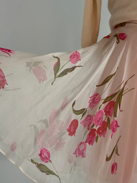 Lovely 1950's Custom Craft Rose Print Silk Organza Skirt / XS