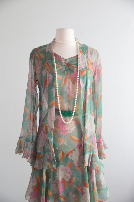 Exquisite Late 1920’s Green Silk Hydrangea Print Dress And Jacket Set / S