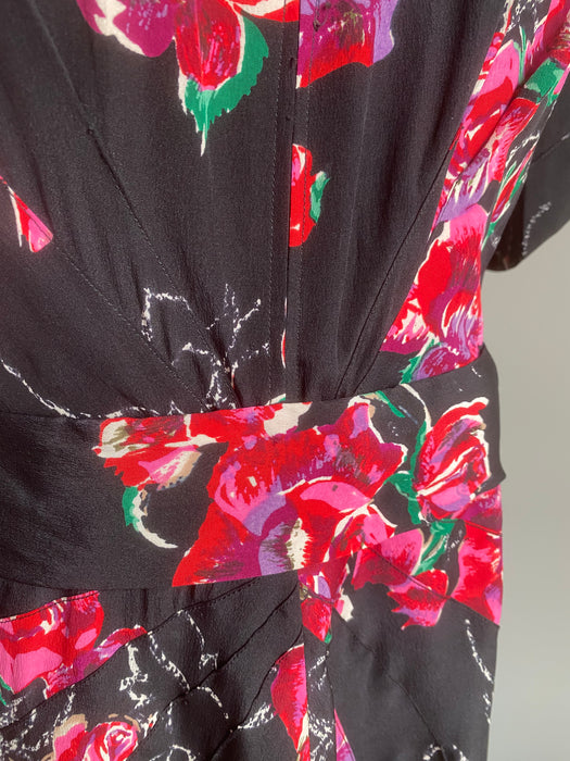 My Favorite 1930's Silk Rose Print Full Length Evening Dress With Sash / M