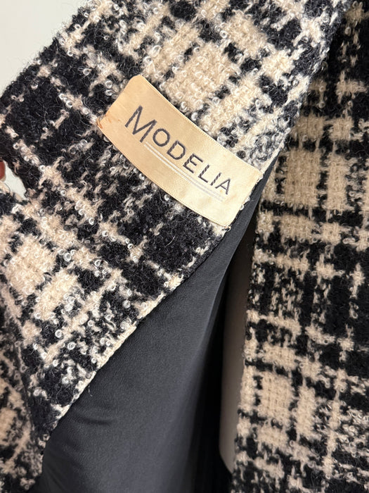 Classic 1960s Modelia Black and Ivory Wool Boucle Cocoon Coat / M