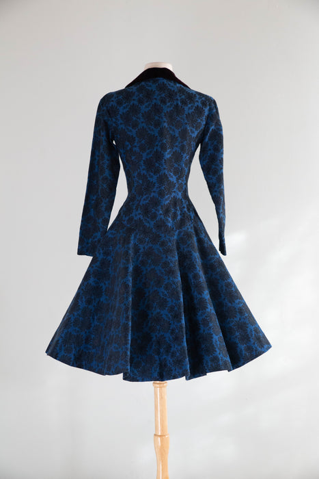 Fabulous Late 1950's Estevez Midnight Blue Brocade Party Dress / S