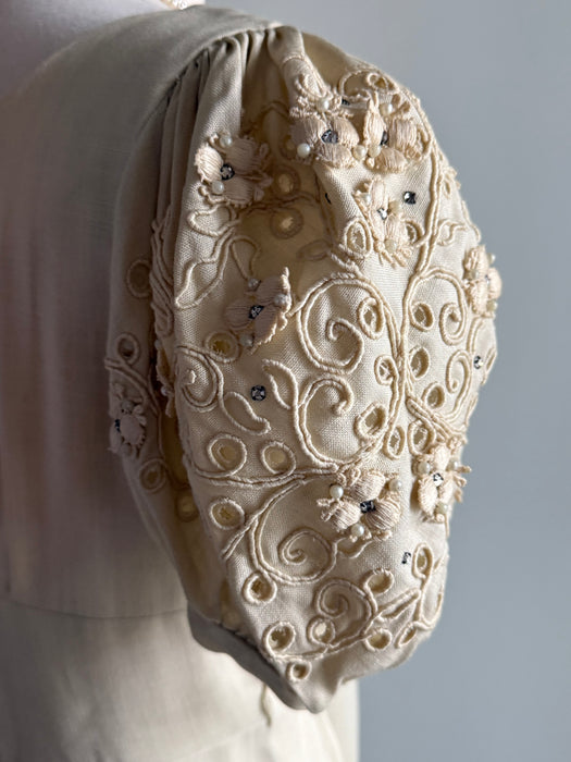 Darling 1950's Creampuff Ivory Wiggle Dress With Embroidered Sleeves / M