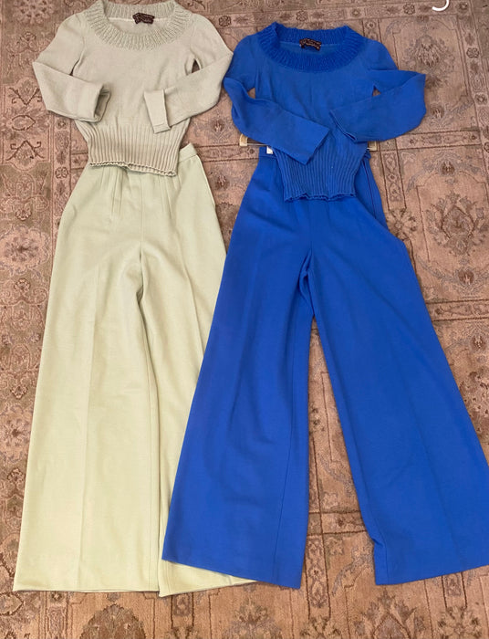 Fabulous 1970's Matcha Green/Cerulean Blue Pant and Sweater Set by Sonia Rykiel / Small