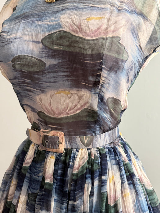 Sublime 1950’s Larry Aldrich Silk Chiffon Lily Pad Print Dress / SM