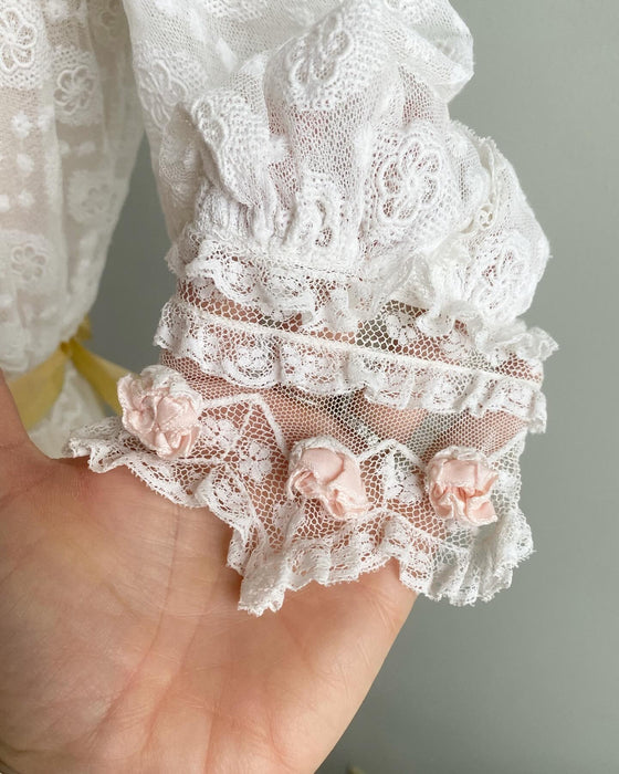 Exquisite Edwardian Embroidered Net Tea Dress With Pale Pink Rosettes / Small