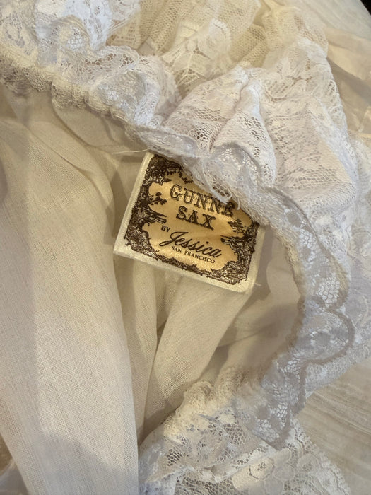 Romantic 1970's Cotton Gauze Gunne Sax Wedding Dress With OTS Lace Neckline / SM