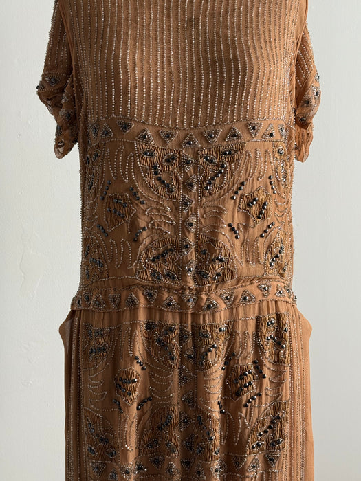 Rare Autumnal 1920's Beaded Silk Flapper Dress / SM