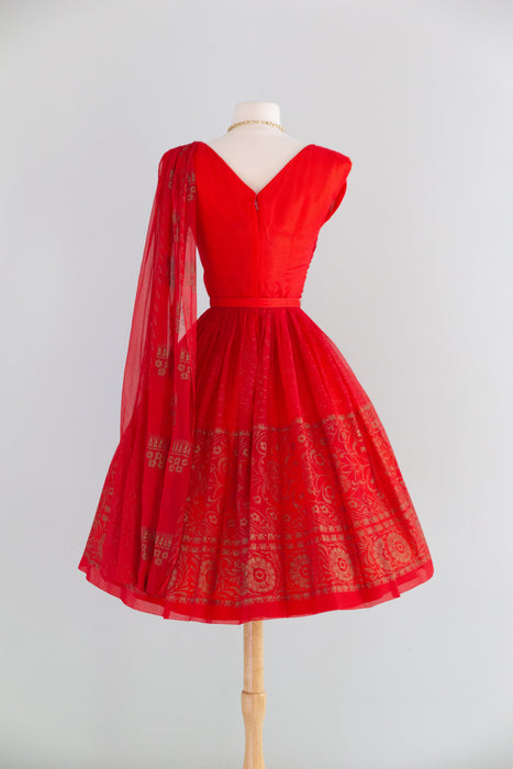 Glamorous 1950’s Sari Inspired Red & Gold Chiffon Party Dress | S