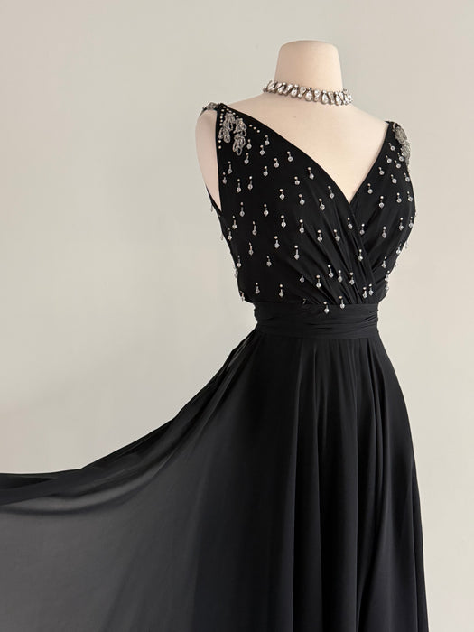 Divine 1950's Black Silk Chiffon Evening Dress With Beaded Bodice / S