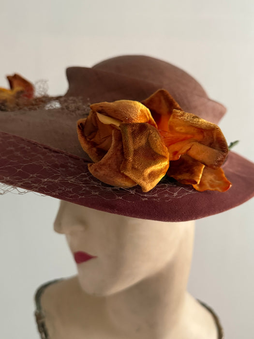 Elegant 1950's Autumnal Straw Hat With Velvet Roses By Phil Strann / OS