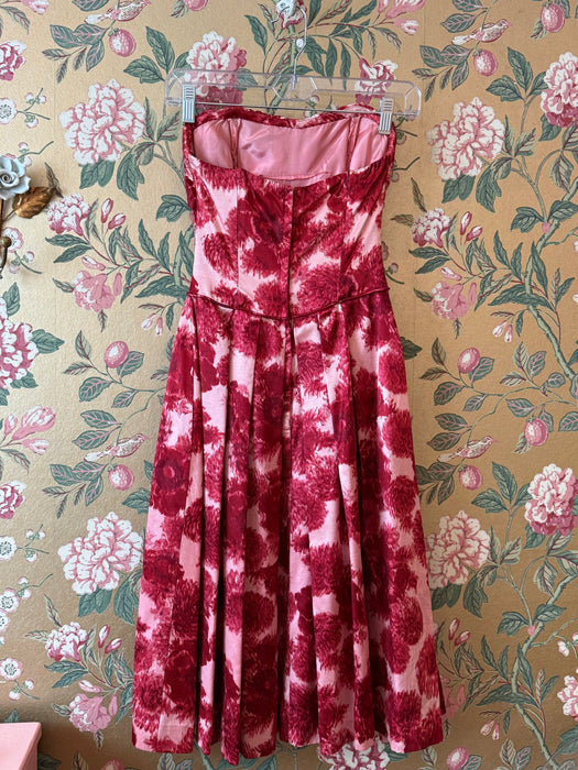 Elegant 1950's Poppy & Dahlia Print Silk Faille Cocktail Party Dress / XXS