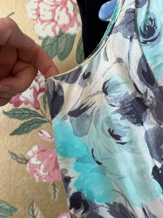 Elegant 1950's Aquamarine & Charcoal Silk Rose Print Cocktail Dress / M