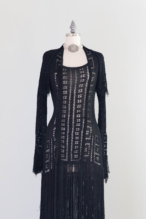 Sinuous 1920’s Black Silk Geometic Crochet Fringed Evening Dress Robe / Small