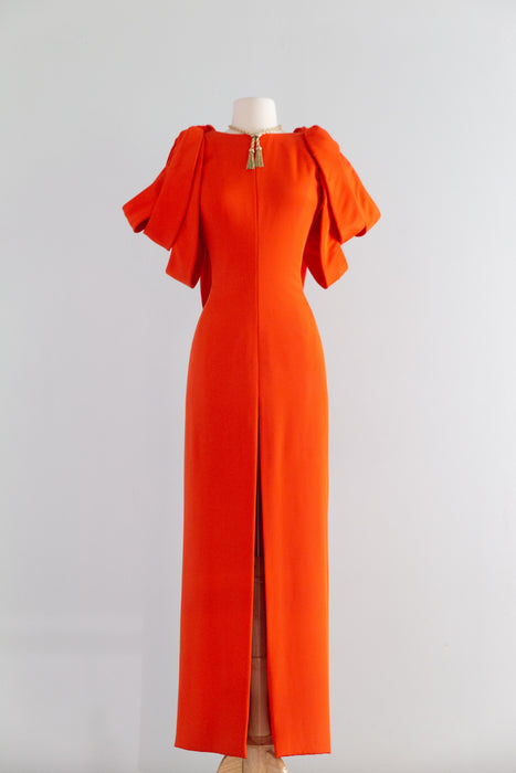 Stunning 1980’s Vermillion Silk Crepe Couture Evening Gown By Jacqueline de Ribes / S