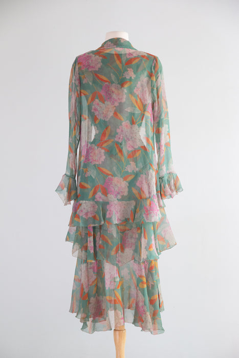 Exquisite Late 1920’s Green Silk Hydrangea Print Dress And Jacket Set / S
