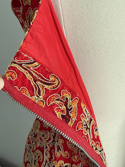 Glamorous Late 1950's Christian Dior Originals Scarlet Demi Couture Corded Lace Cocktail Dress & Matching Jacket / SM