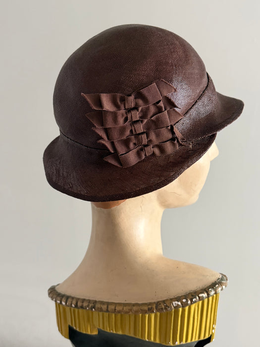 1920's Glossy Chocolate Straw Cloche Hat From I.Magnin