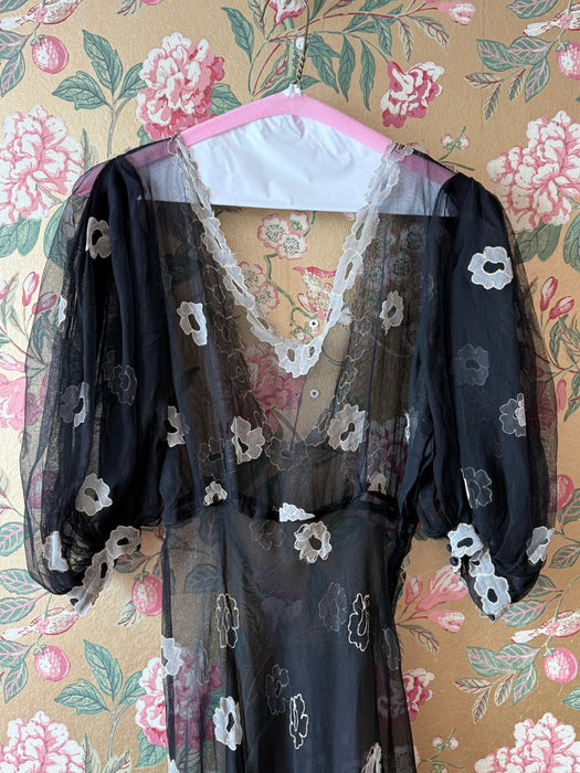Ethereal 1930's Embroidered Sheer Black Silk Net Bias Cut Gown / S
