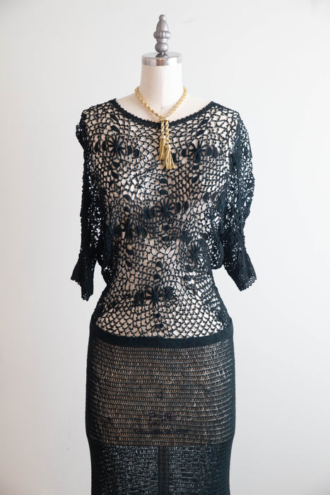 Exquisite 1930’s Hand-Crocheted Forest Green Evening Dress / m