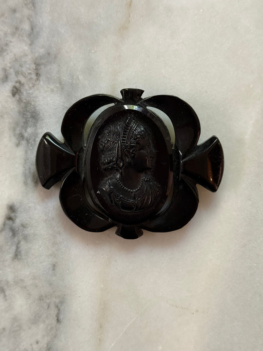 1930s Victorian Revival Carved Black Bakelite Cameo Brooch