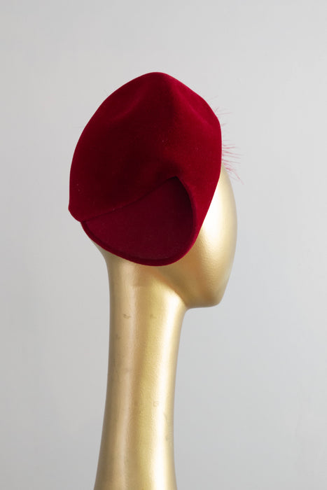 Stunning Scarlet Felt Hat with Feather Pom, circa late 1940s By Bernice Charles