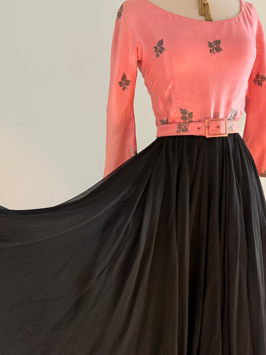Stunning 1950’s Traina-Norell Pink & Black Sari Silk Cocktail Dress / XS