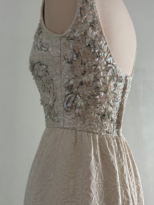 Elegant 1960's Beaded Ivory Brocade Midi Length Evening Dress / S