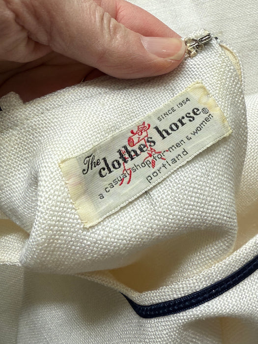 Adorable 1960's White Linen Nautical Shift Dress With Navy Trim / SM