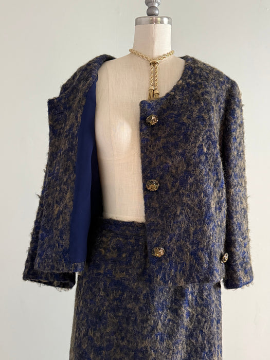 Timeless Chic 1960s Blue and Taupe Mohair Bouclé Chanel Inspired Two Piece Suit / M