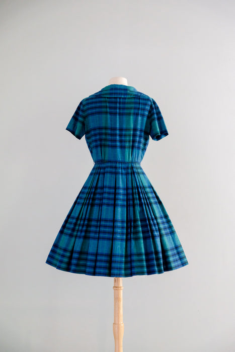 Charming 1960's Blue Paid Cotton Dress by Eve Le Coq / Sz M