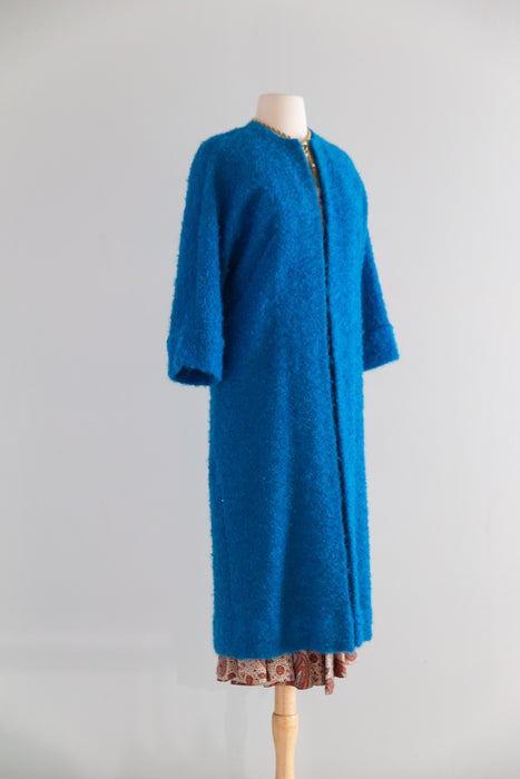 Brilliant 1960s Teal Blue Wool and Mohair Boucle Duster Coat / M