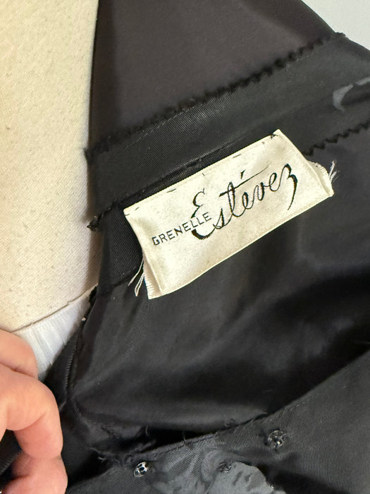 Documented 1950's Estevez Black Silk Faille Evening Dress With Roses / S