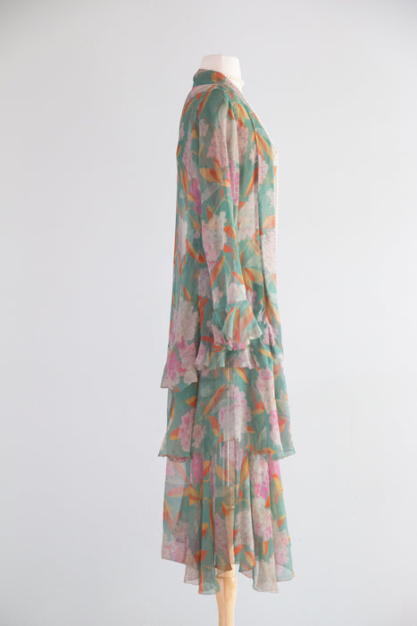 Exquisite Late 1920’s Green Silk Hydrangea Print Dress And Jacket Set / S