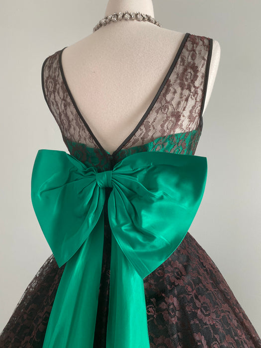 Stunning 1950's Emerald Bow & Illusion Lace Holiday Party Dress / Medium