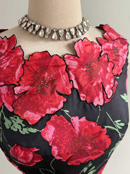 Stunning 1950's Philip Hulitar Poppy Print Cocktail Dress With Floral Appliques / SM