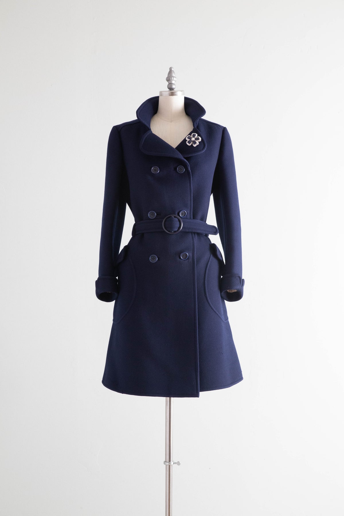 Iconic 1960's Structured Mod Navy Blue Wool Trench Coat made in