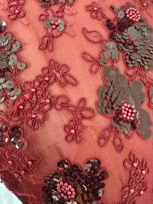 Stunning Vintage Crimson Lace Mermaid Evening Gown With Mink Trim / XS- S