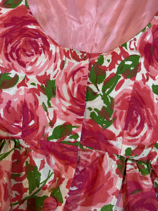 Darling 1950's Pink Rose Print Dress With Bateaux Neckline & Full Skirt / S