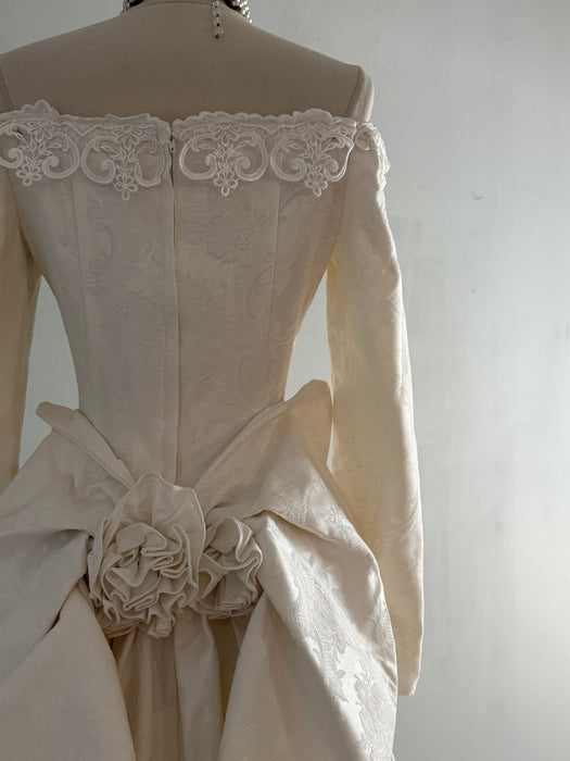 Dreamy 1980's Jessica McClintock OTS Ivory Brocade Wedding Gown / Medium