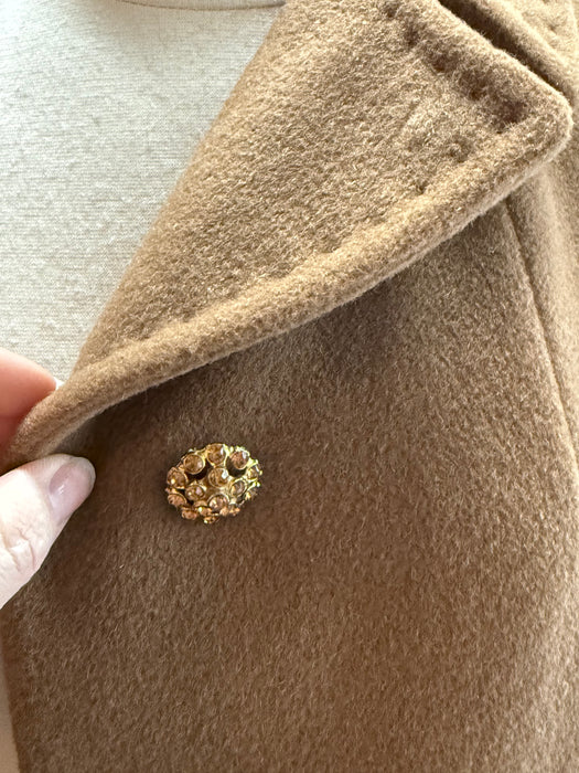 Elegant 1960's Cognac Wool & Camel Hair Coat With Rhinestone Buttons / ML