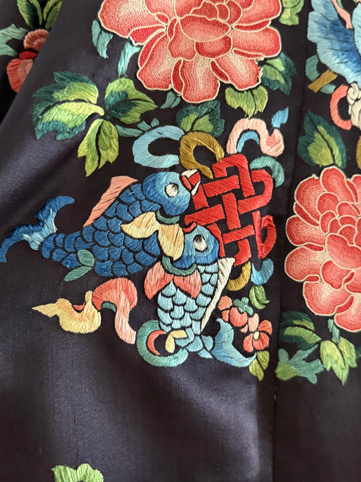 Exquisite Antique Chinese Silk Robe With Peonies Circa 1920 / OS