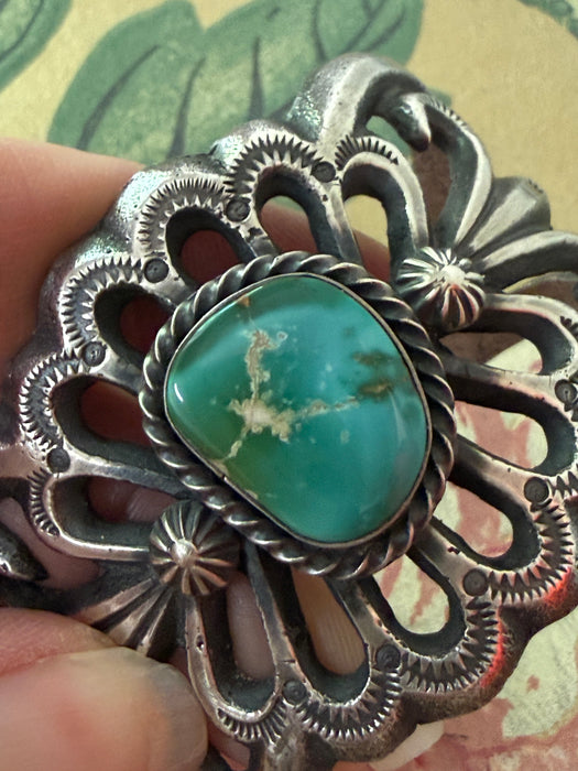 Iconic R.S. Mitchell Navajo Sterling Statement Cuff With Green Turquoise Stone