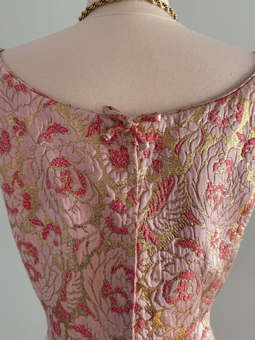 Glamorous 1960's Pink & Gold Brocade Evening Gown By Mr. Blackwell / SM