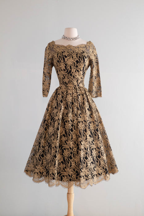 Rare 1950's Jacques Heim Cocktail Dress In Black Net and Gold Thread Lace / M