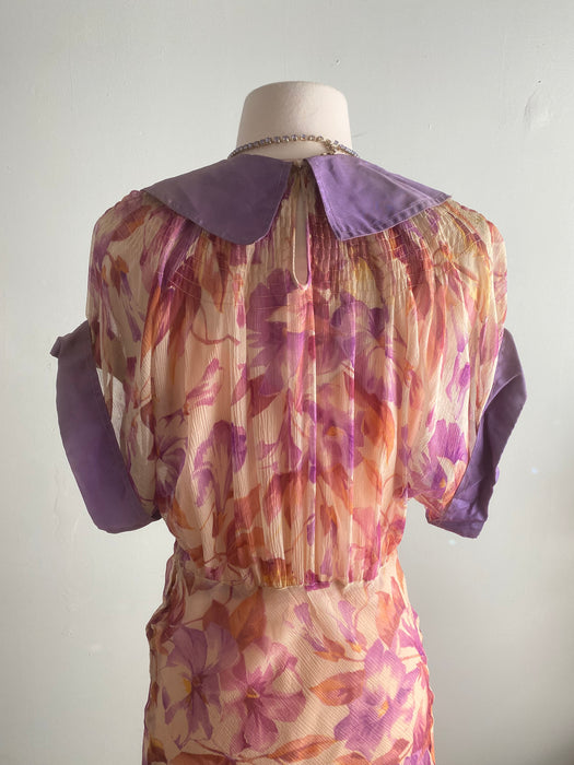 Glorious 1930's Silk Chiffon Morning Glory Print Bias Cut Gown In Shades of Autumn Foliage / SM